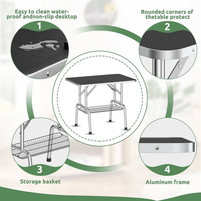 Foldable Dog Grooming Table with Adjustable Arm and Storage Tray