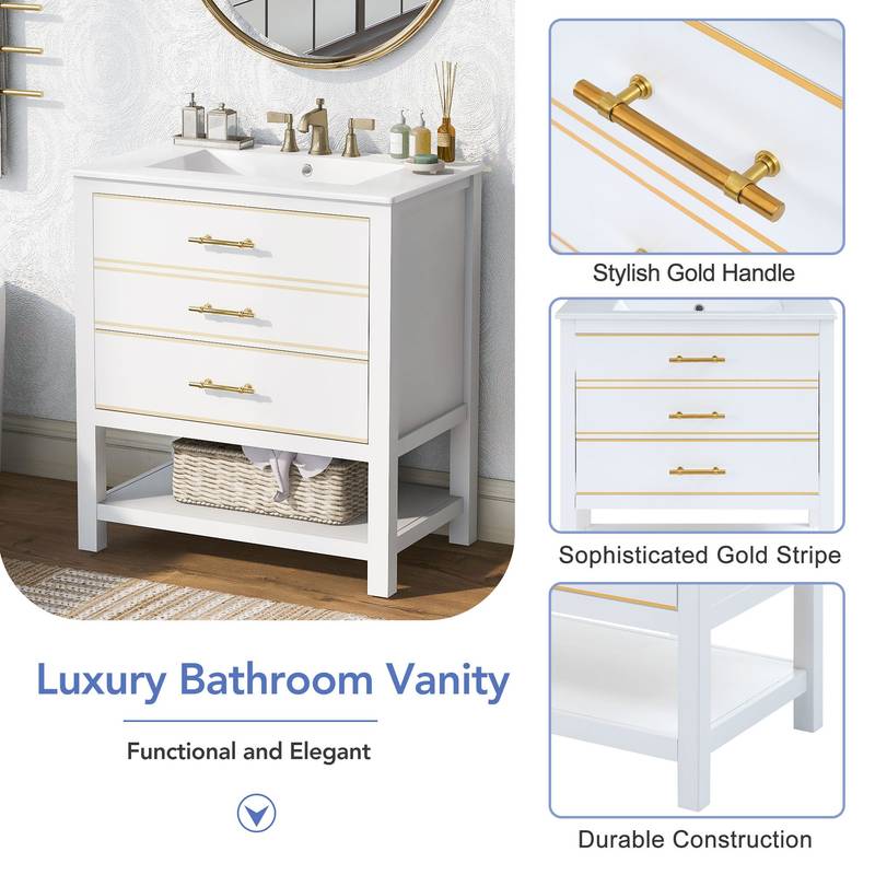 Navy Blue & White Chic Bathroom Vanity with Open Storage