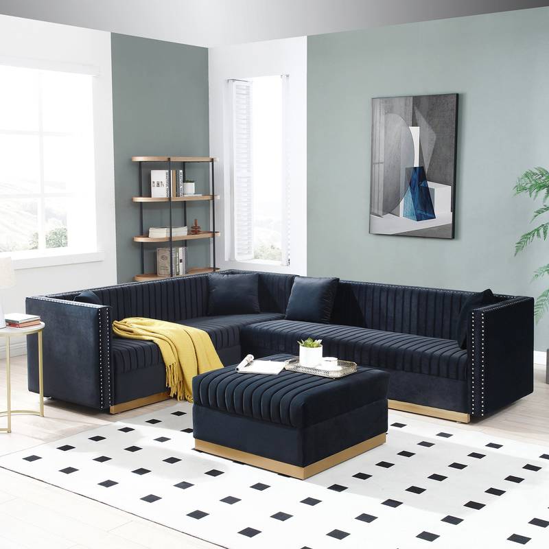 Chic Velvet Corner Sofa with Ottoman & Pillows