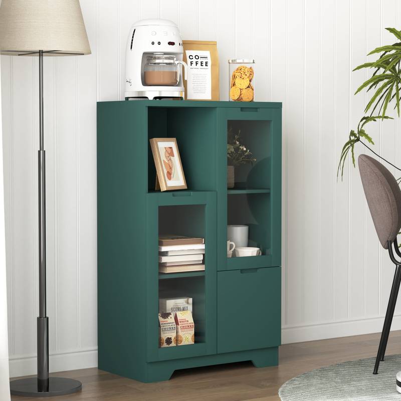 Chic Green Cabinet with Glass Doors and Open Storage