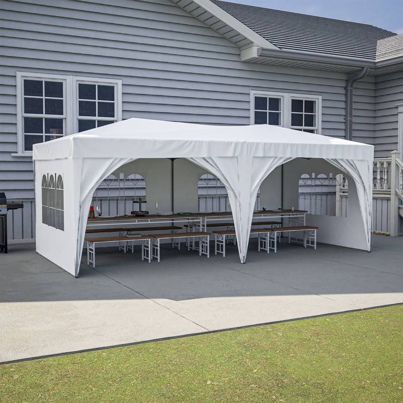 Easy Pop-Up Party Canopy with Sidewalls and Weights - Beige & White