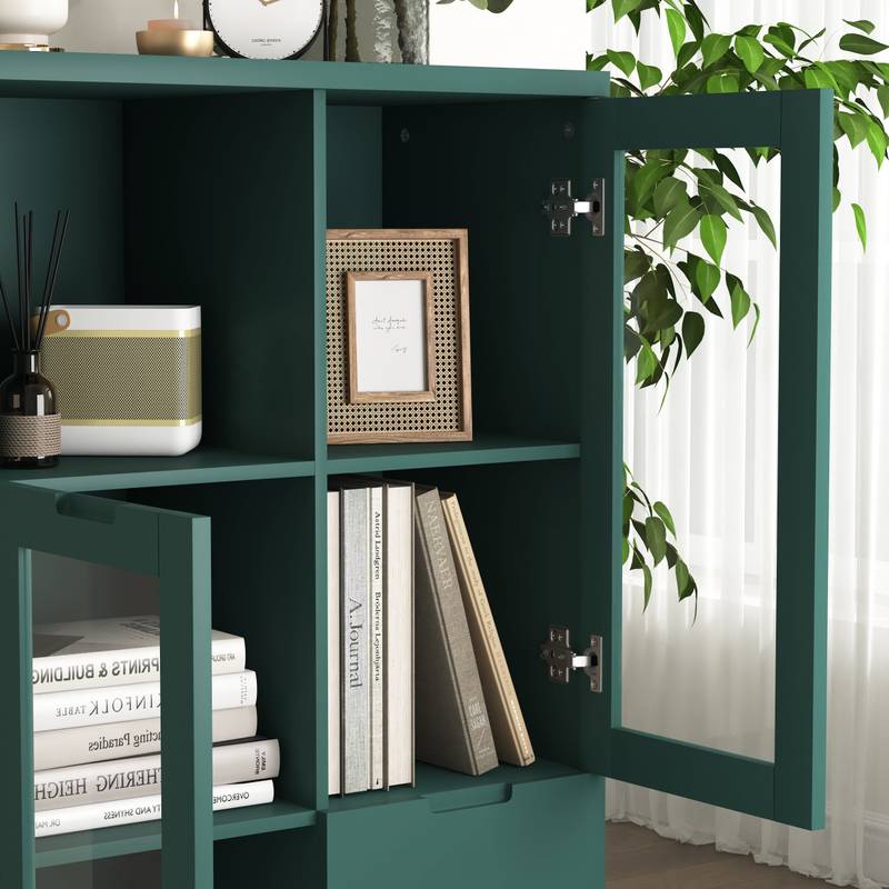 Chic Green Cabinet with Glass Doors and Open Storage