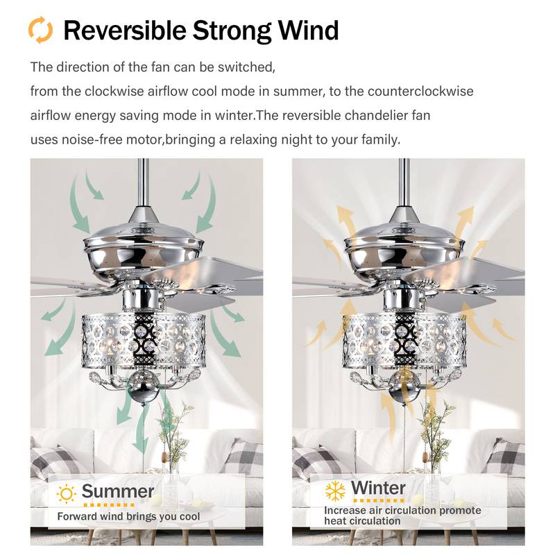 Chic Chrome Ceiling Fan with Pull Chain