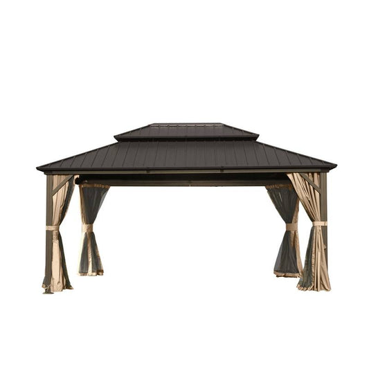 Cozy Brown Hardtop Gazebo with Curtains and Netting