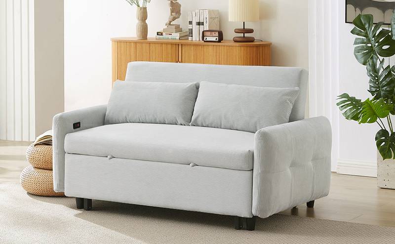 Light Blue Sleeper Sofa with USB Ports and Pillows