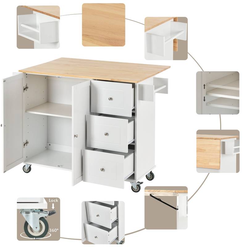 Charming Rolling Kitchen Island with Wood Top & Convenient Storage