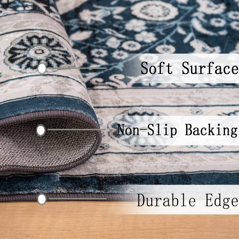 Navy Blue Vintage Bohemian Flower Area Rug