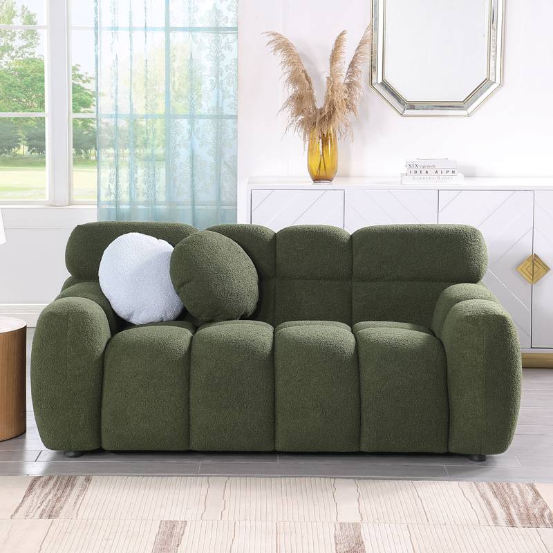 Olive Green Marshmallow Boucle Sofa for Two