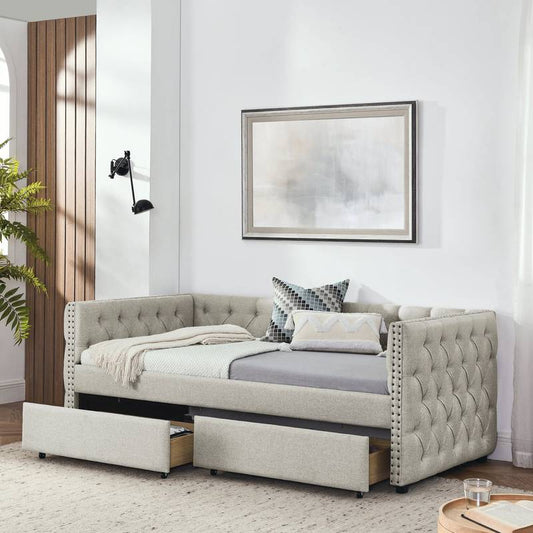 Beige Button-Tufted Twin Daybed with Storage Drawers
