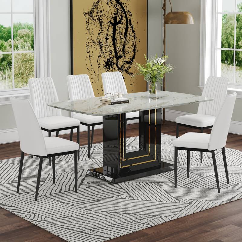 Chic Faux Marble Dining Set with U-Shaped Legs and Stylish Chairs