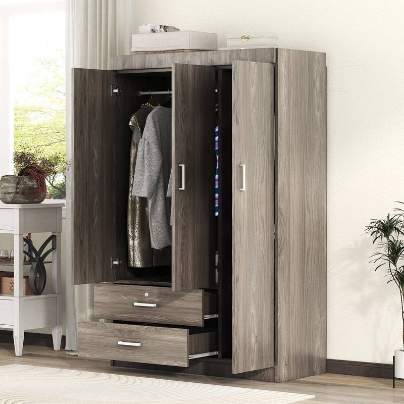Stylish Gray 3-Door Wardrobe with Drawers