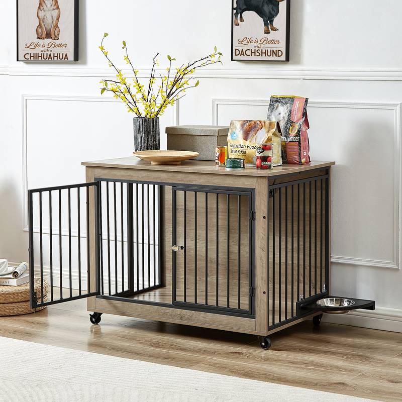 Chic Pup Crate Table with Rotating Bowl and Wheels