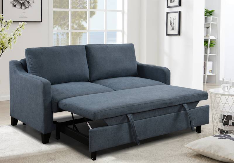 Cozy Convertible Queen Sofa Bed - Modern Dark Blue Loveseat with Pullout Bed & Reclining Backrest