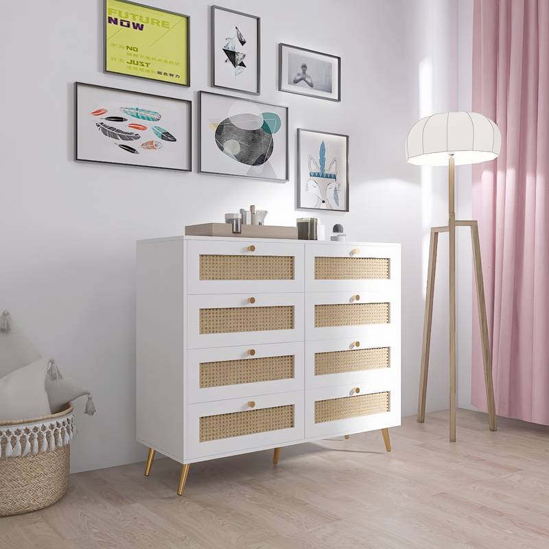 Chic Rattan-Front White Dressers with Gold Accents