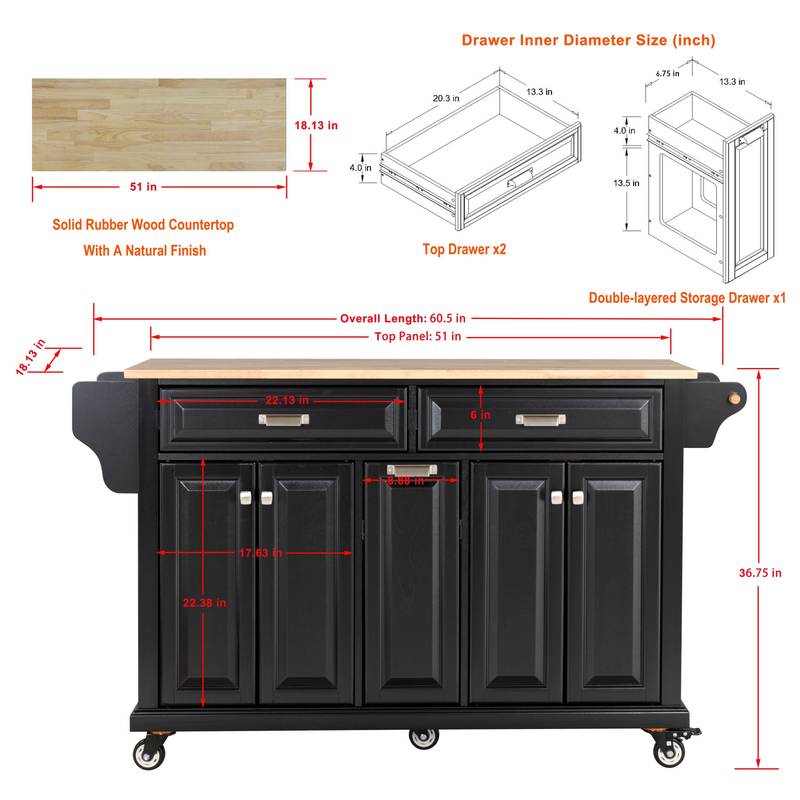 Versatile Kitchen Cart with Rubberwood Top and Ample Storage in Black