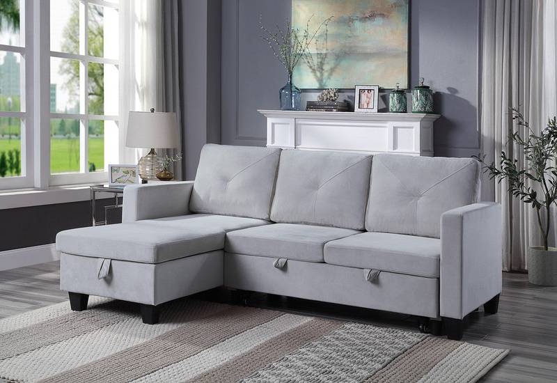 Cozy Light Gray Velvet Reversible Sleeper Sofa with Storage Chaise