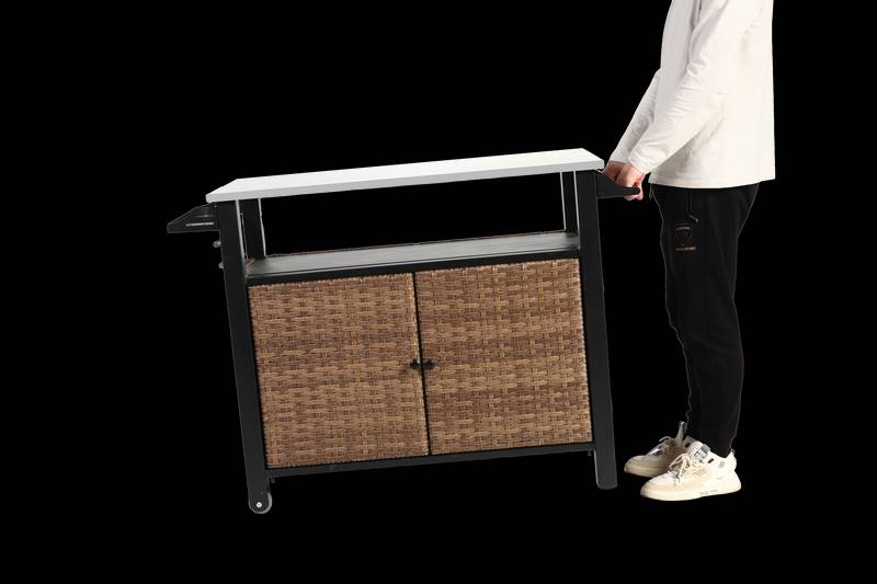 Wicker Rolling Outdoor Kitchen Cart with Stainless Steel Top