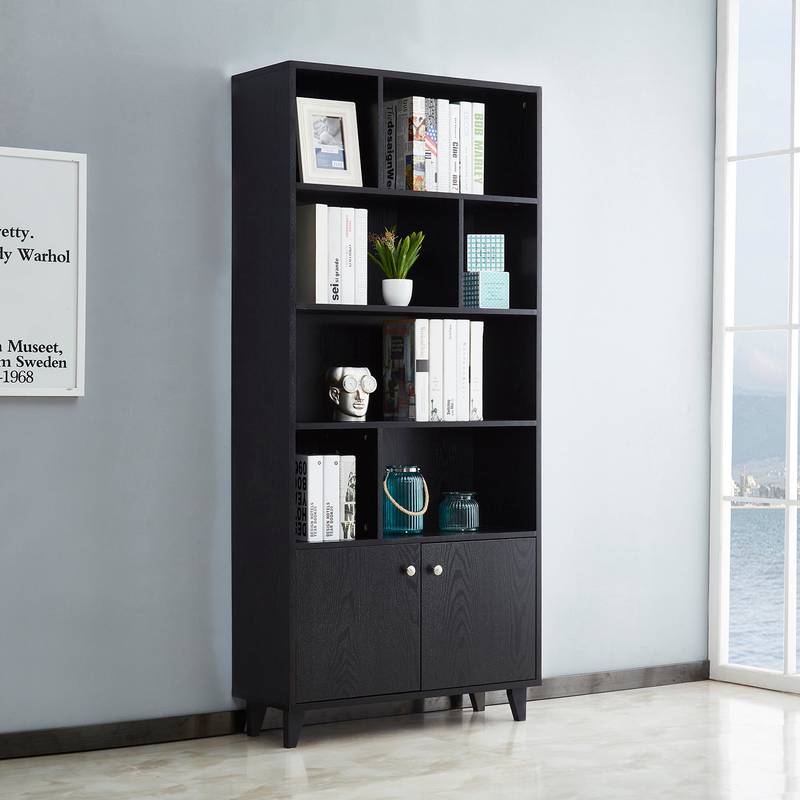 Chic Black Bookcase with Doors