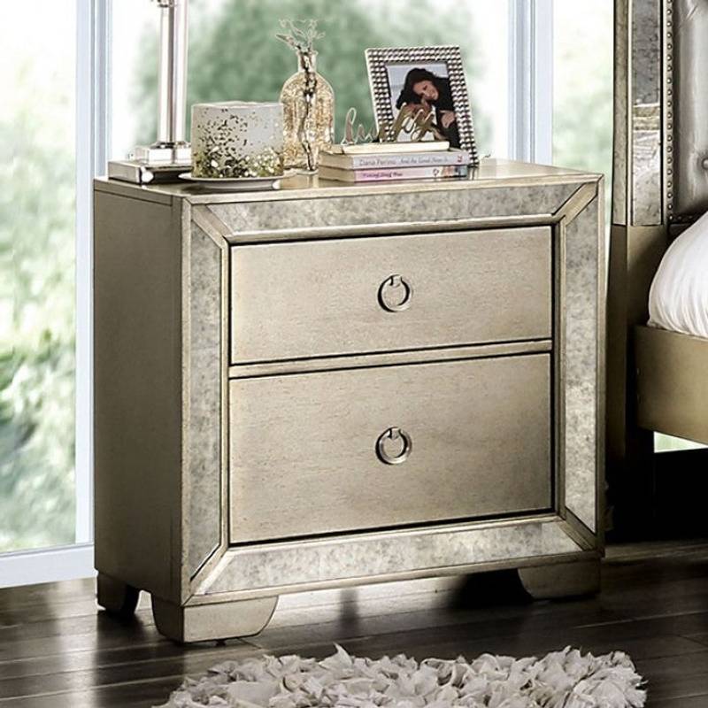 Glamorous Gray Nightstand with Antique Mirror Accents