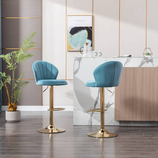 Chic Swivel Bar Stools with Velvet Touch and Gold Accents - Baby Blue Duo