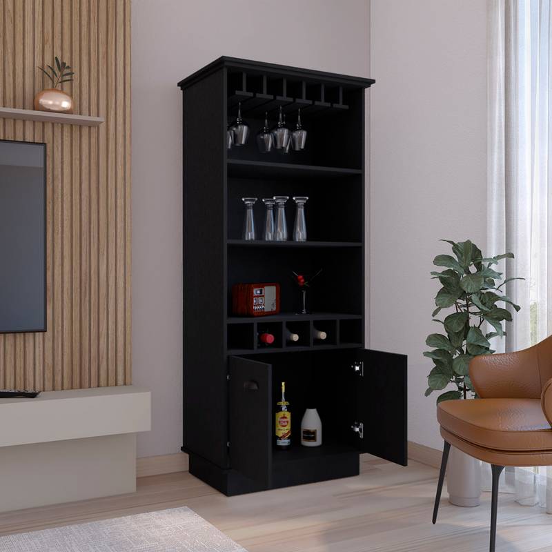 Chic Black Wine Bar Cabinet with Glass Storage