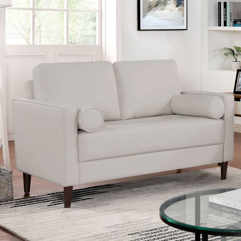 Chic Off-White Leatherette Loveseat with Cushy Bolster Pillows