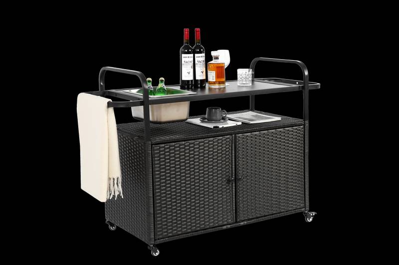 Chic Wicker Bar Cart with Ice Bucket & Lockable Wheels