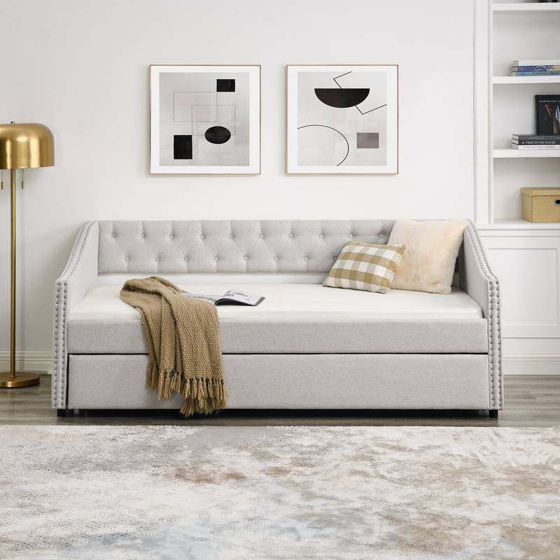 Chic Beige Twin Daybed with Cozy Trundle