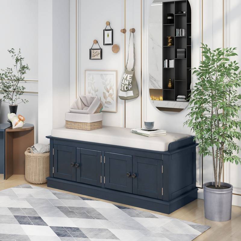 Navy Storage Bench with Cushion & Shelves