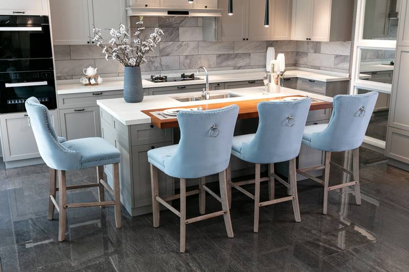 Chic Velvet Barstools with Tufted Detail - Set of Two (Light Blue)
