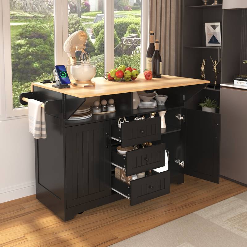 Versatile Kitchen Island Cart with Drop Leaves and Power Outlet