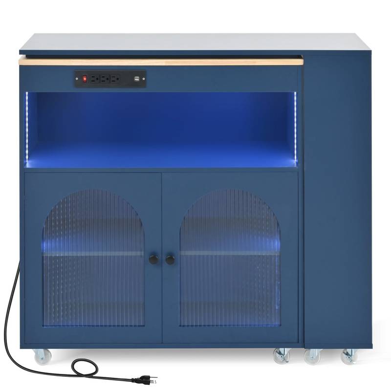 Navy Rolling Kitchen Island with LED Lights & Storage