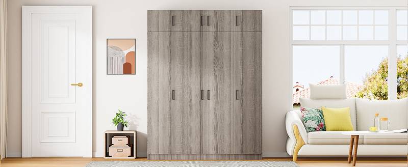 Stylish Gray Four-Door Wardrobe with Drawer and Cabinet