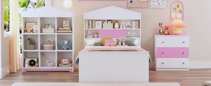 Charming Twin House Bed Set with Storage and Nightstand in Pink and White