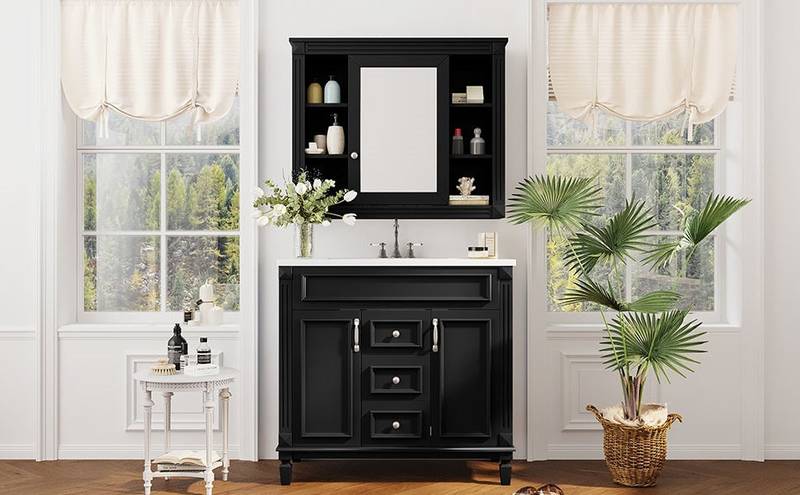 Sleek Black Bathroom Vanity with Mirror & Soft-Close Storage