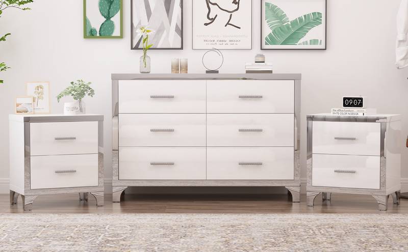 Chic White Dresser & Nightstand Set with Stylish Mirror Accents