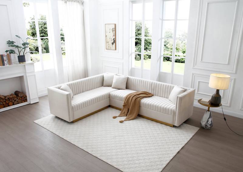 Chic Velvet Corner Sectional Sofa in Beige with Pillows