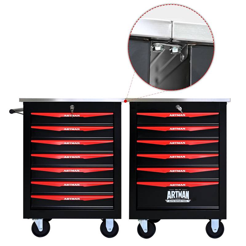 Rolling Tool Cart with Stainless Steel Top - Black & Red