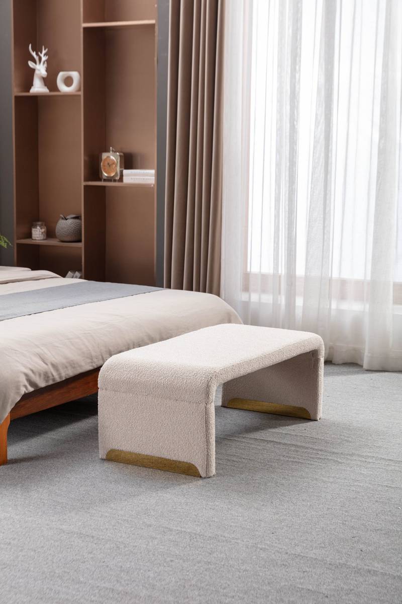 Chic Beige Boucle Ottoman with Gold Legs