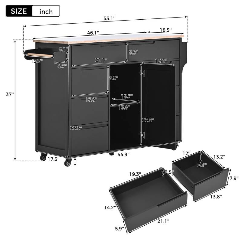 Versatile Kitchen Cart with Rubber Wood Top and Smart Storage