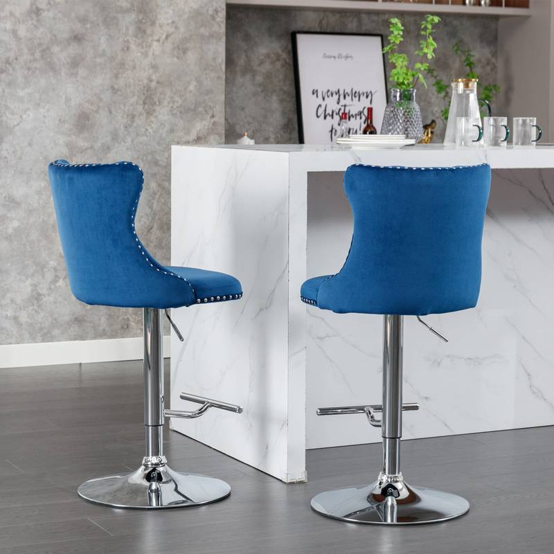 Chic Velvet Swivel Barstools - Set of Two in Blue