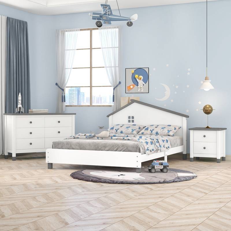 Chic White & Gray Bedroom Set with Bed, Nightstand, and Dresser