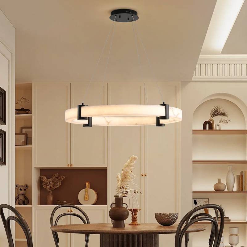 Chic Pendant Light with Adjustable Height - Dimmable Marble Finish Chandelier for Dining & Living Spaces