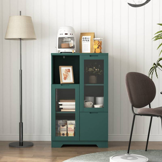 Chic Green Cabinet with Glass Doors and Open Storage