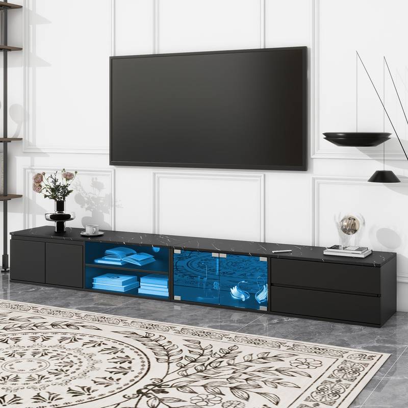 Sleek Smart LED TV Stand with Faux Marble Top and Glass Doors