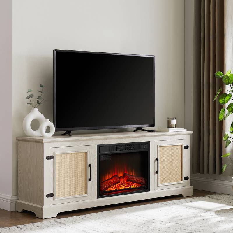 Cozy Farmhouse Rattan TV Stand with Fireplace Insert