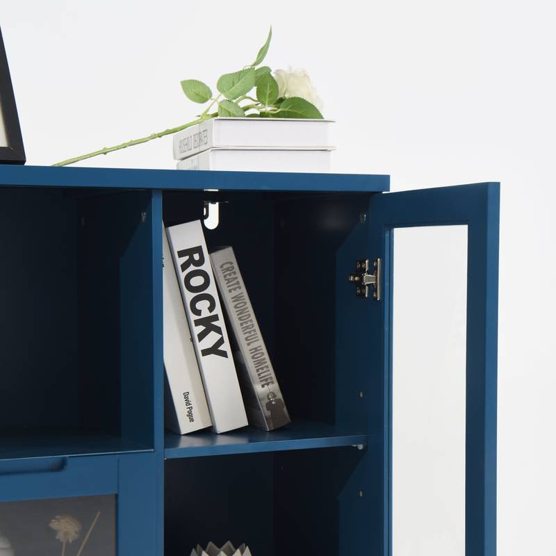Navy Blue Glass-Front Cabinet with Open Storage