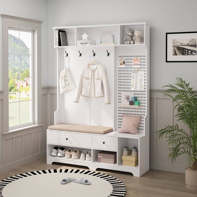 Versatile Entryway Hall Tree with Cozy Bench and Storage Shelves