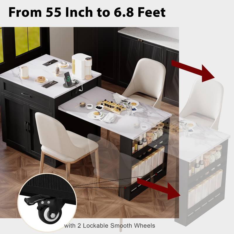 Stylish Expandable Kitchen Island with Storage and Power Outlet