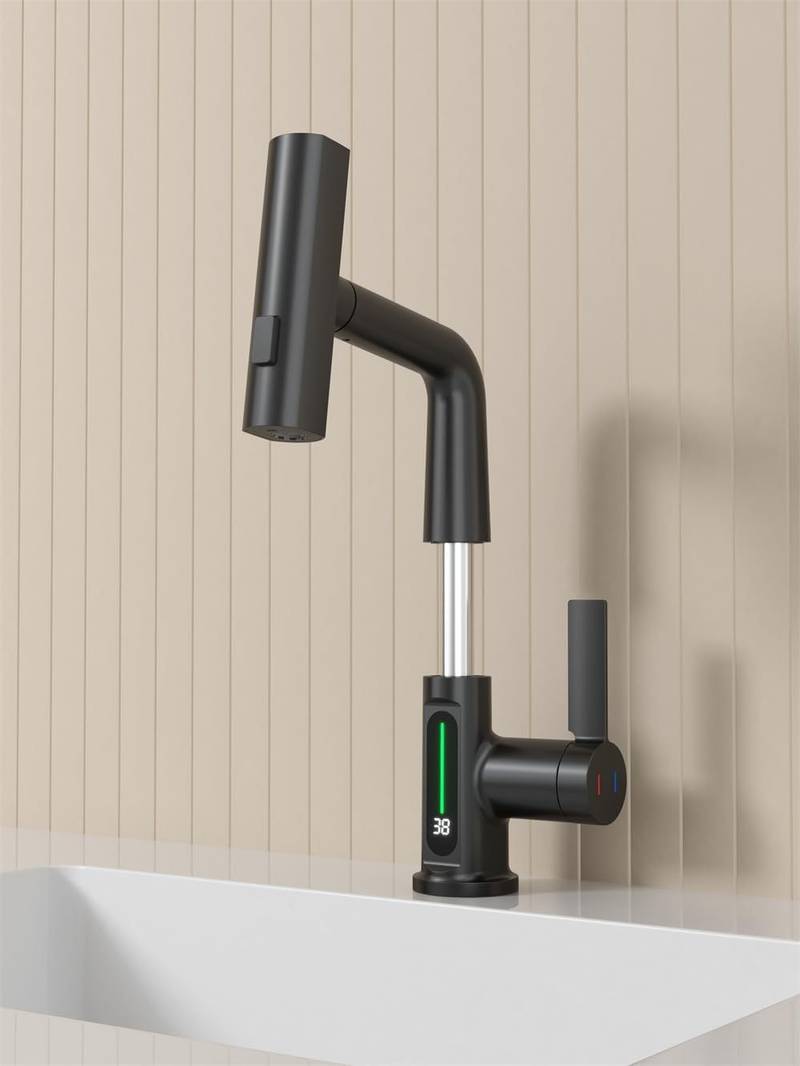 Sleek Matte Black Rotating Waterfall Faucet with LED Temperature Display
